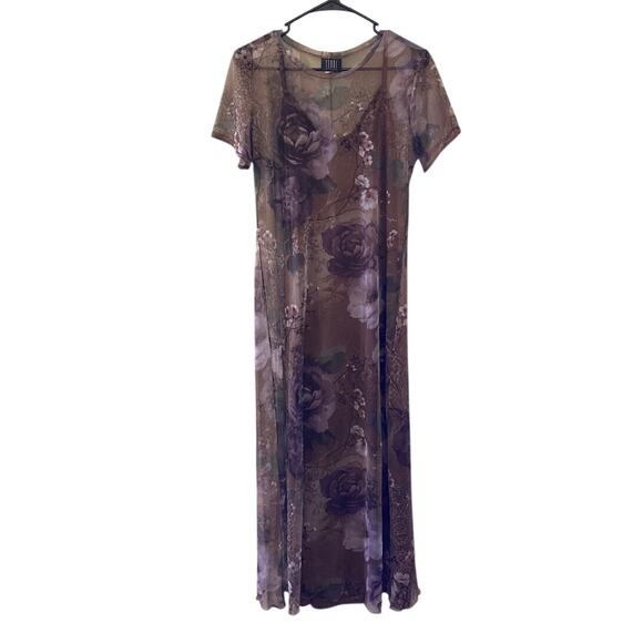 Y2k 90s Floral Maxi Dress TEDDI Short Sleeve Size 8 Sheer Stretch Ruffle Bodycon - Picture 10 of 13